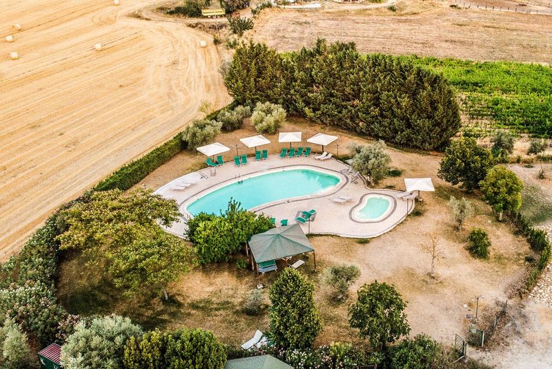 La piscina per adulti e la piscina per bambini viste dall'alto, con lettini e ombrelloni, tra gli ulivi e i campi